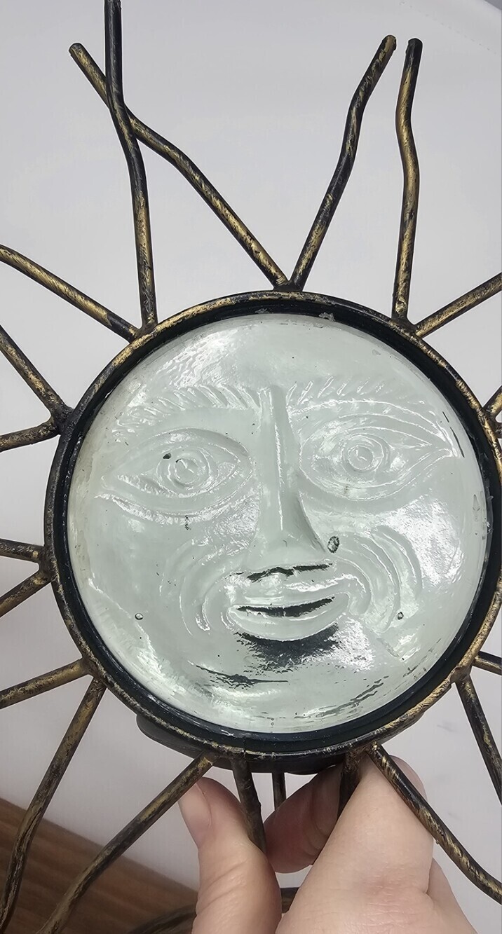 Vtg Celestial Metal Standing Glass Sunburst Face Candle Holder 10" Sun Catcher - Picture 2 of 6